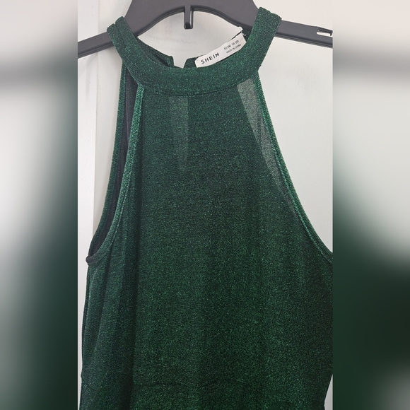Dark Green glitter halter top maxi dress leg slit & neck button sz. 140 10yr US - Picture 3 of 6